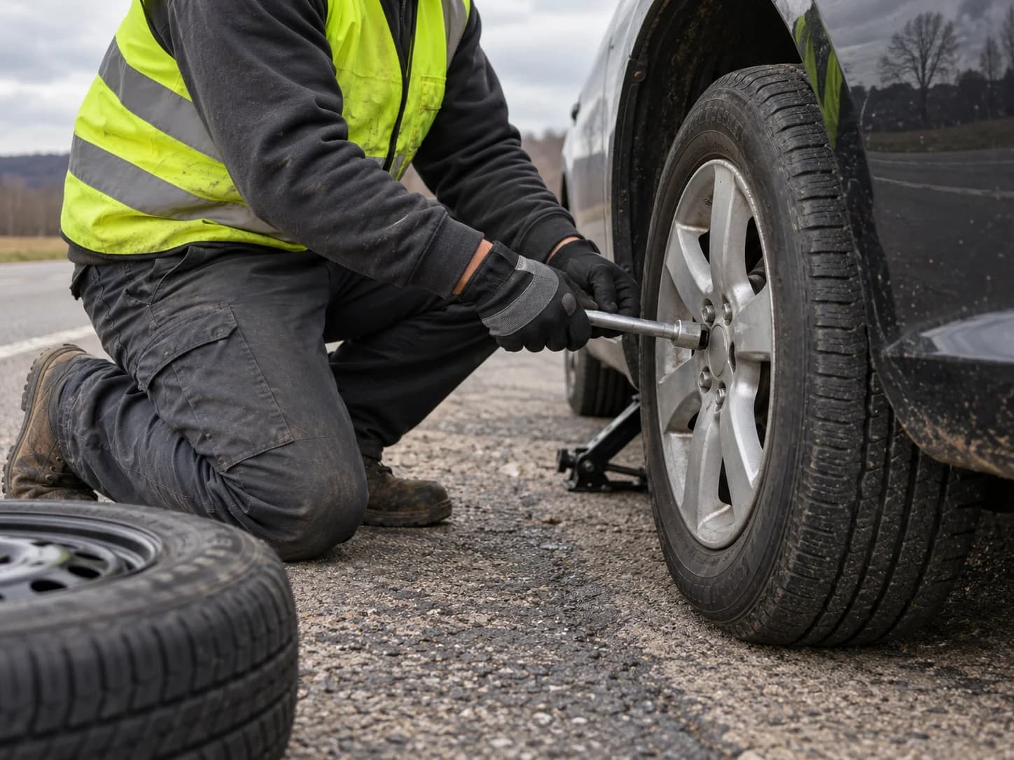 Illustrative image of a roadside tire change