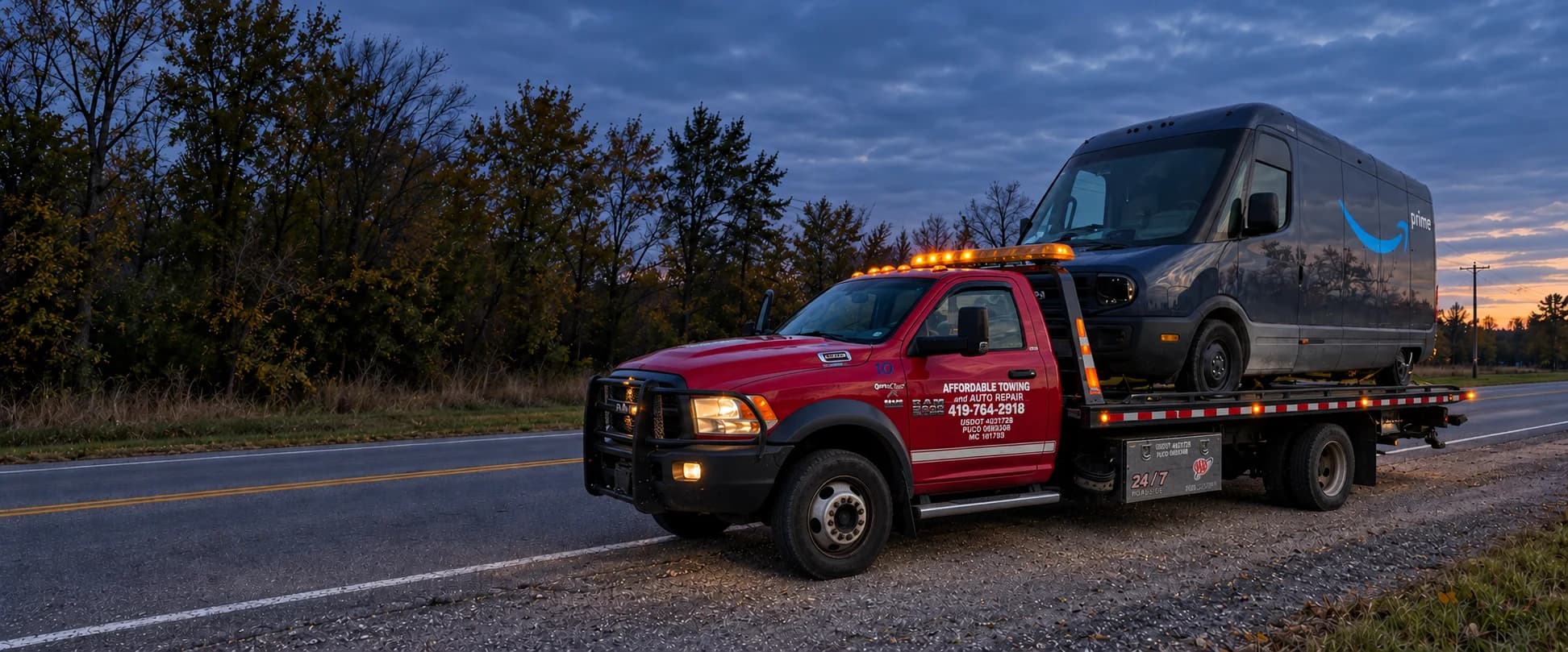 Illustrative evening scene of the company's red RAM flatbed carrying an Amazon delivery van
