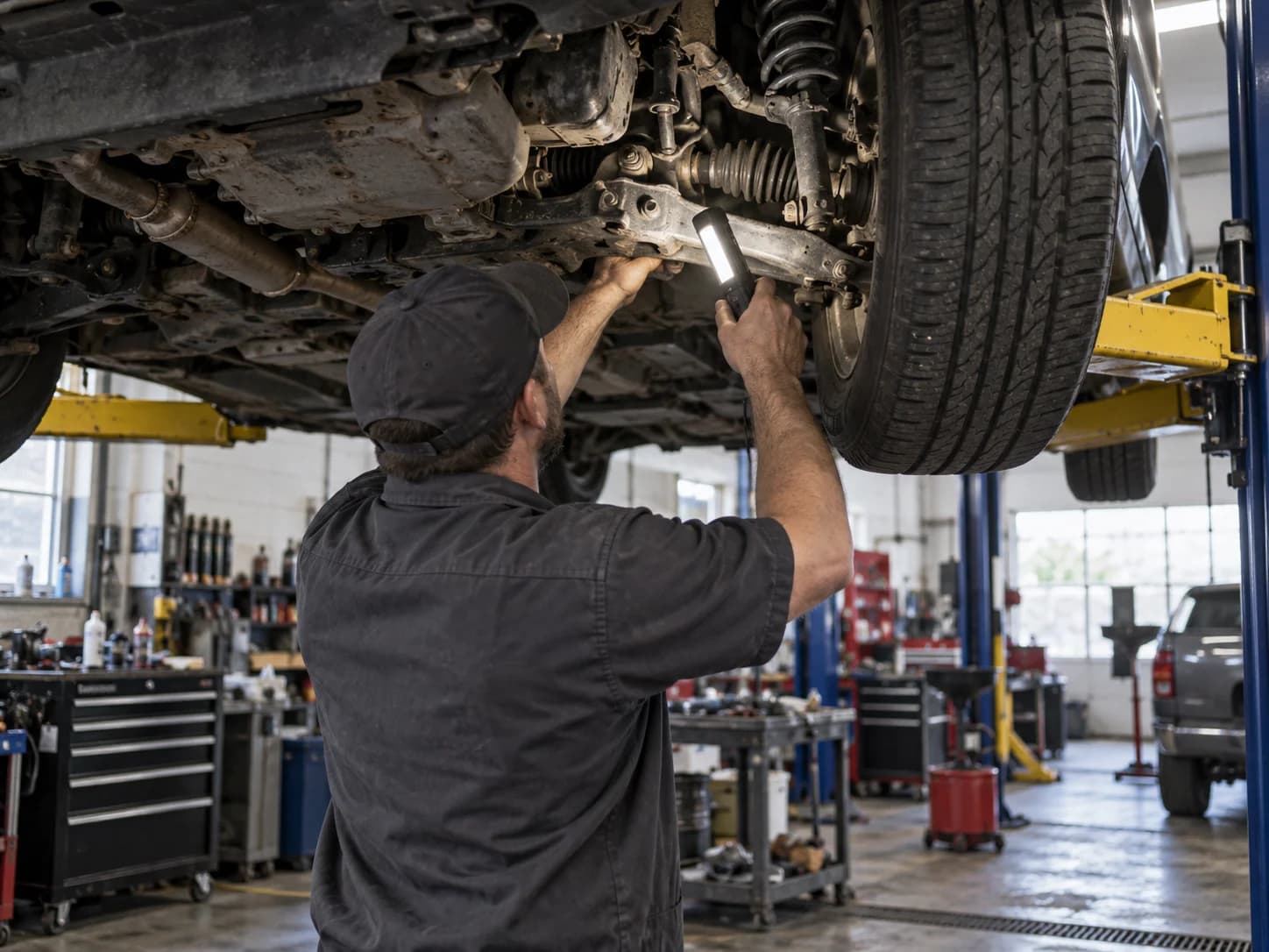 Illustrative image of a mechanic inspecting the underside of a vehicle